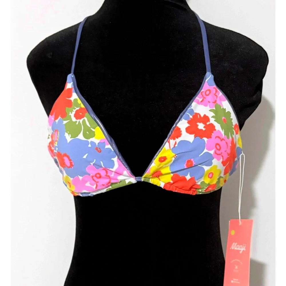 Maaji NWT Reversible Lavender Metallic and Vibrant Floral Triangle Bikini Top